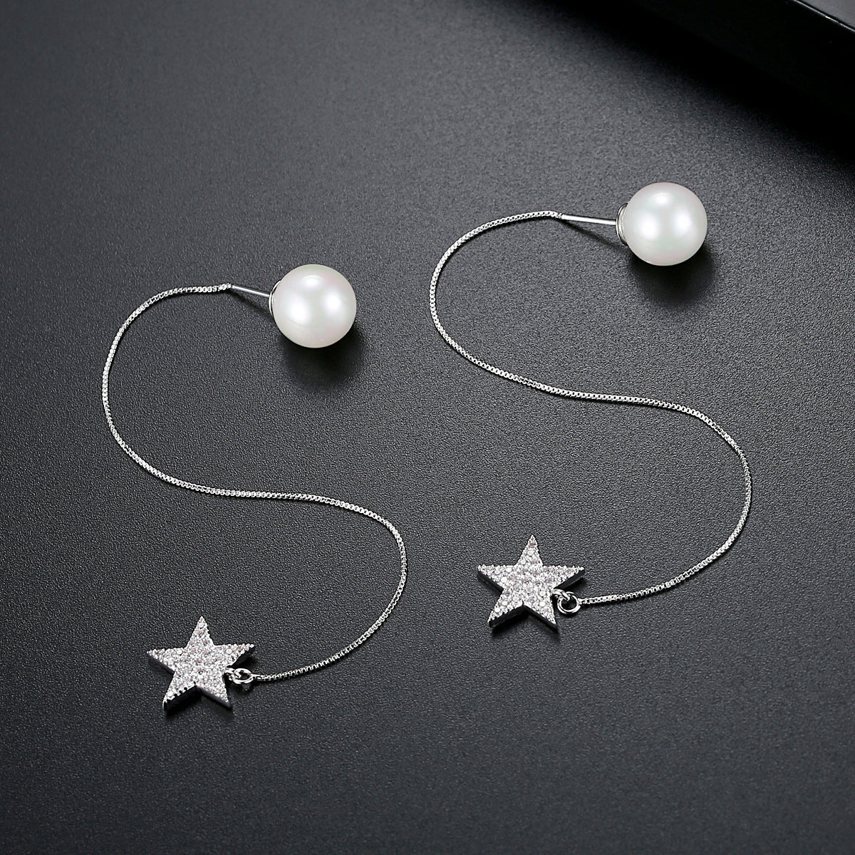 Cubic Zirconia and Pearl Silver-Plated Star Threader Earrings, silver drop earrings for women, everyday style, front view