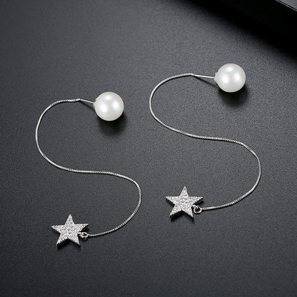Cubic Zirconia and Pearl Silver-Plated Star Threader Earrings, silver drop earrings for women, everyday style, front view