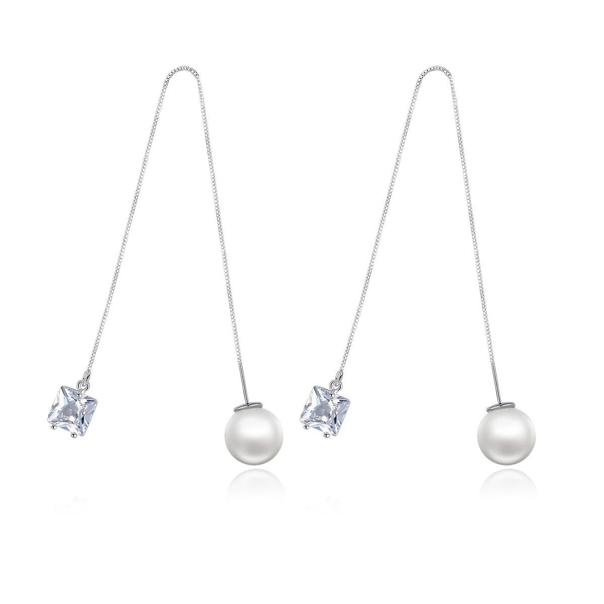 Crystal and Pearl Silver-Plated Cube Ear Threaders, silver drop earrings for women, vintage-inspired design, front view