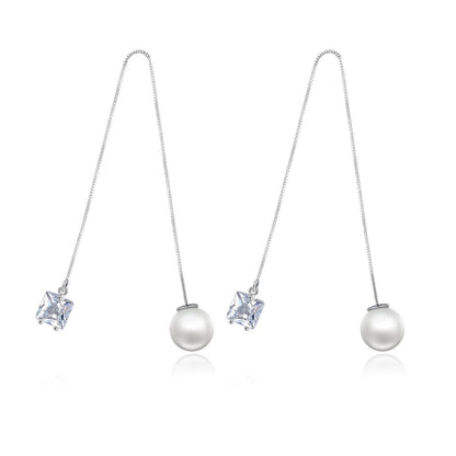 Crystal and Pearl Silver-Plated Cube Ear Threaders, silver drop earrings for women, vintage-inspired design, front view