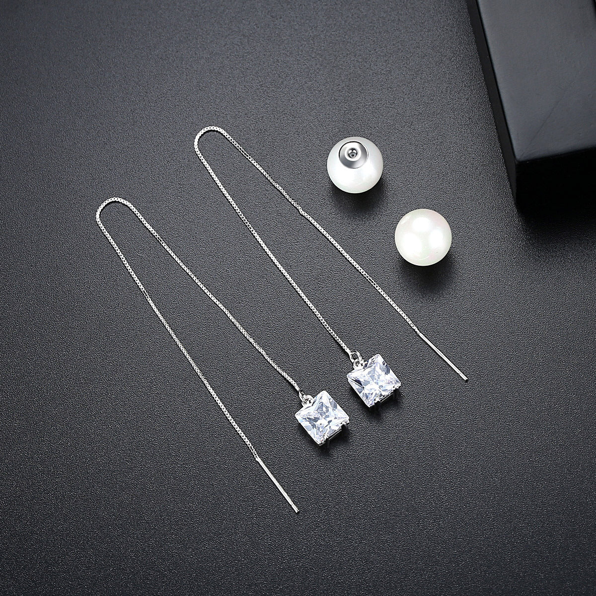 Crystal and Pearl Silver-Plated Cube Ear Threaders, silver drop earrings for women, vintage-inspired design, side view