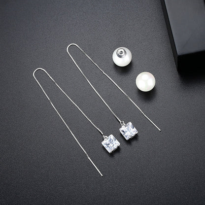 Crystal and Pearl Silver-Plated Cube Ear Threaders, silver drop earrings for women, vintage-inspired design, side view