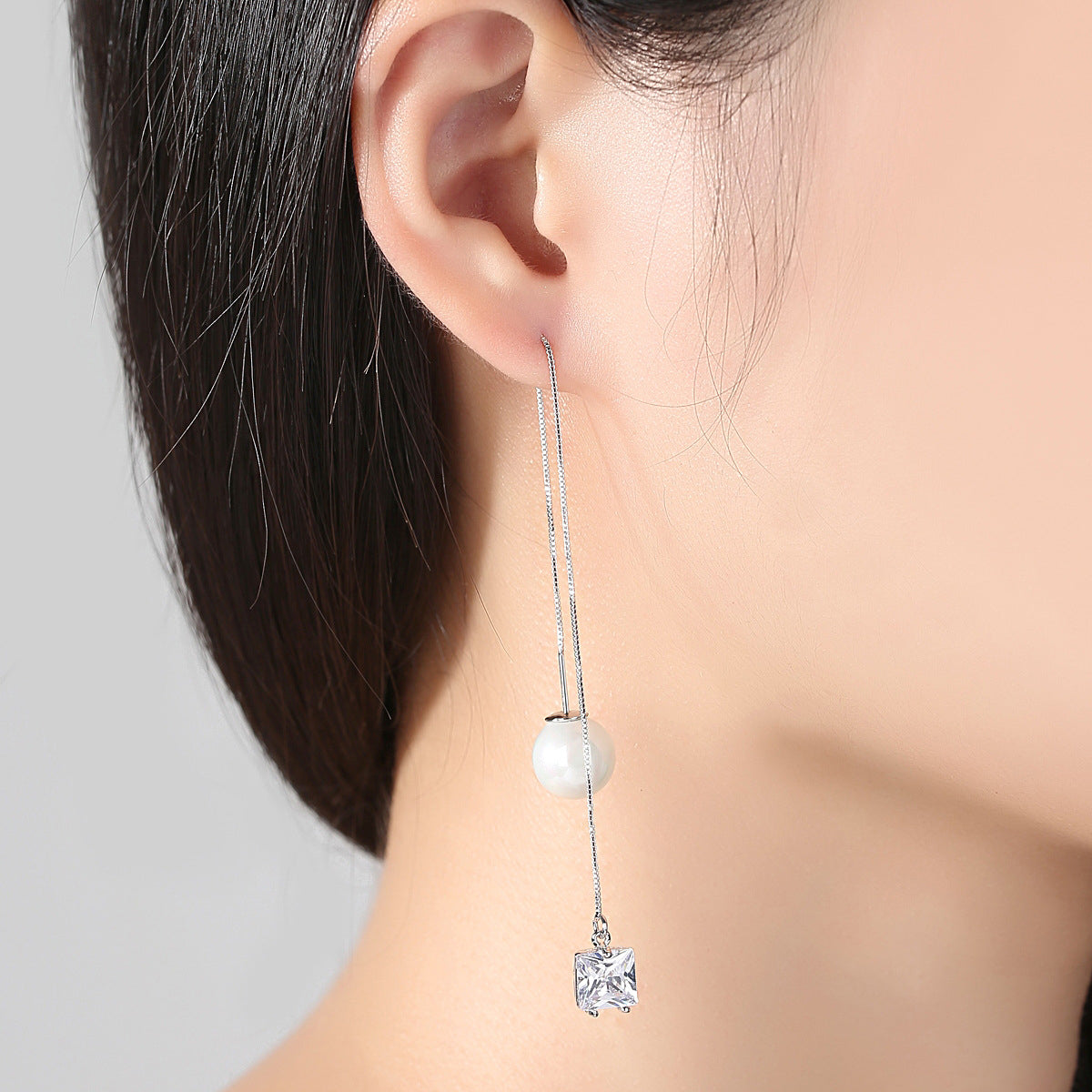 Crystal and Pearl Silver-Plated Cube Ear Threaders, silver drop earrings for women, vintage-inspired design, lifestyle look