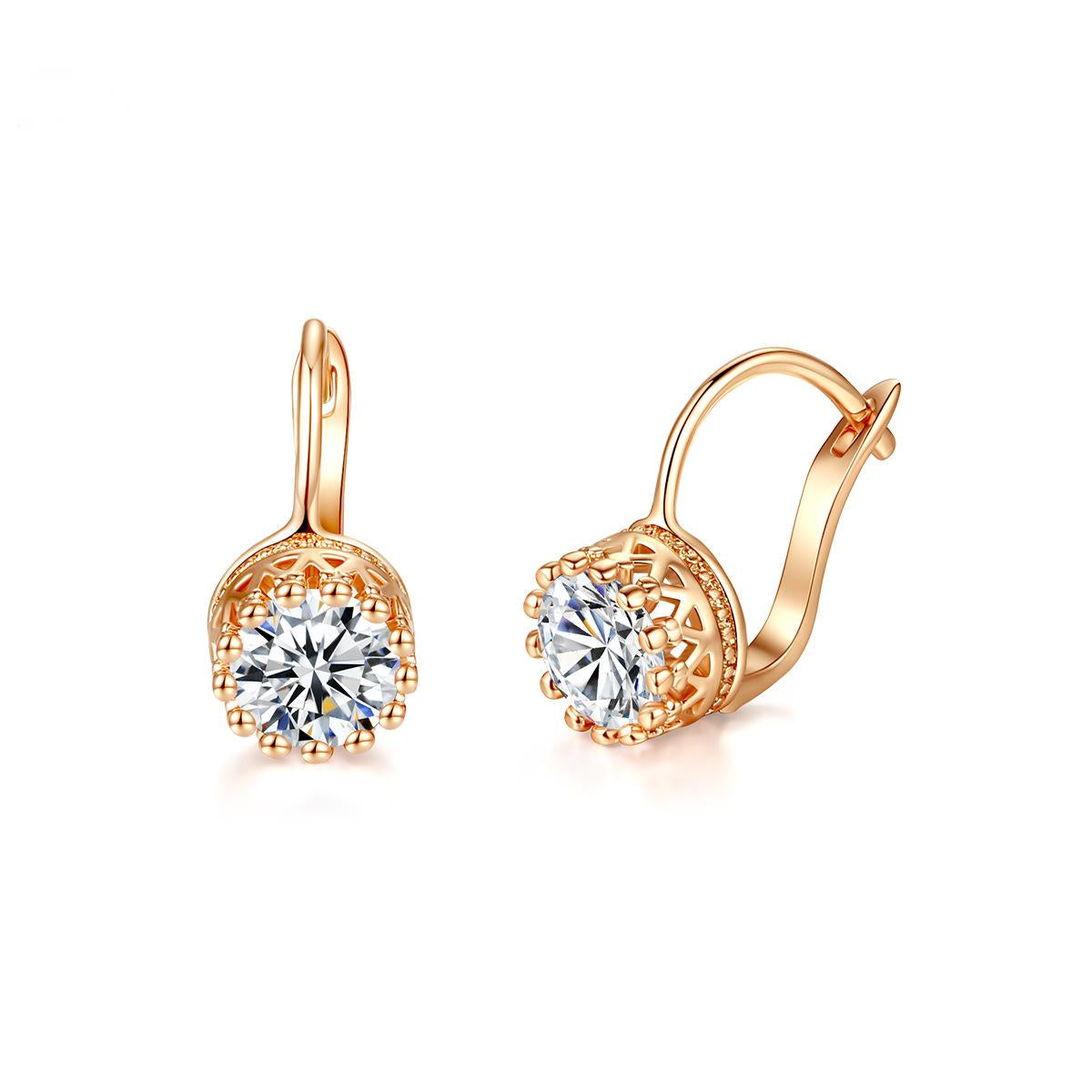 Crystal and 18K Rose Gold-Plated Round Huggie Earrings, rose gold huggie earrings, vintage-inspired design, side view