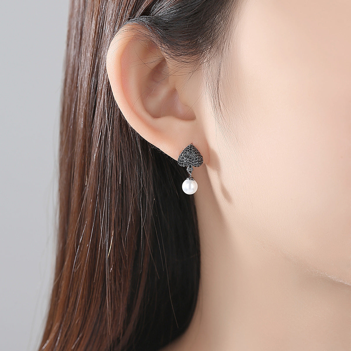 Black Cubic Zirconia & Rhodium-Plated Heart Drop Earrings