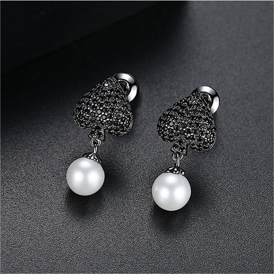 Black Cubic Zirconia and Rhodium-Plated Heart Drop Earrings, drop earrings for women, vintage-inspired design, front view