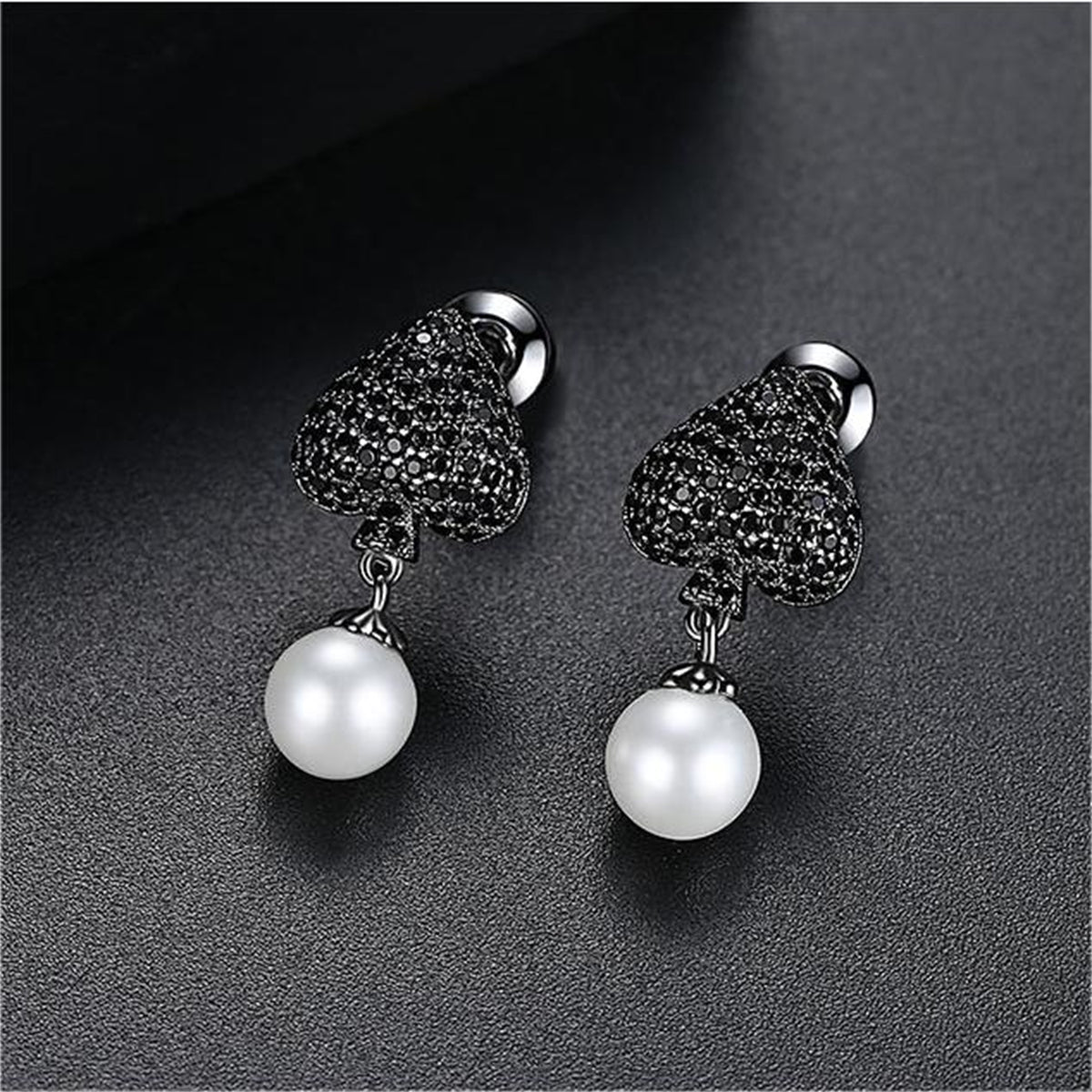 Black Cubic Zirconia & Rhodium-Plated Heart Drop Earrings