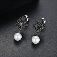 Black Cubic Zirconia & Rhodium-Plated Heart Drop Earrings
