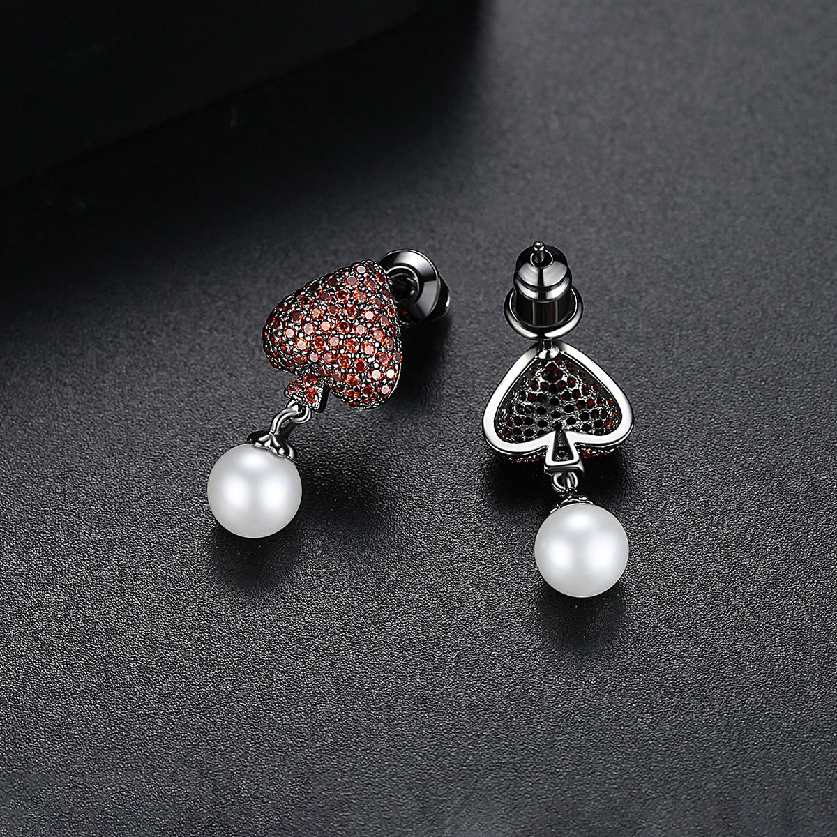 Red Cubic Zirconia & Pearl Inverted Heart Drop Earrings