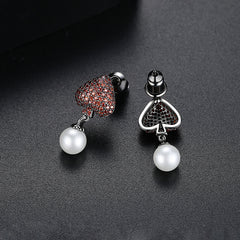 Red Cubic Zirconia & Pearl Inverted Heart Drop Earrings