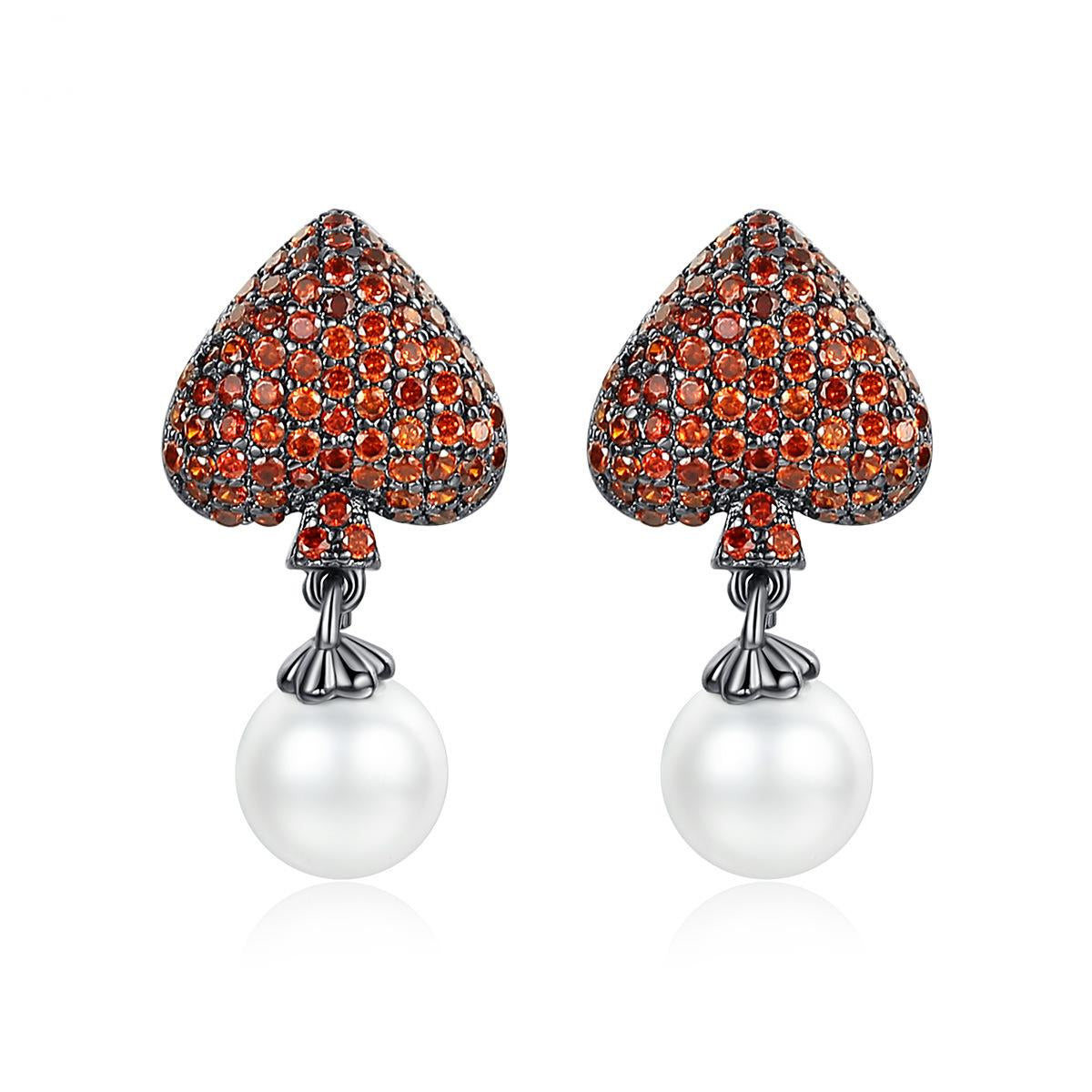 Red Cubic Zirconia & Pearl Inverted Heart Drop Earrings