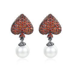 Red Cubic Zirconia & Pearl Inverted Heart Drop Earrings