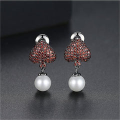 Red Cubic Zirconia & Pearl Inverted Heart Drop Earrings