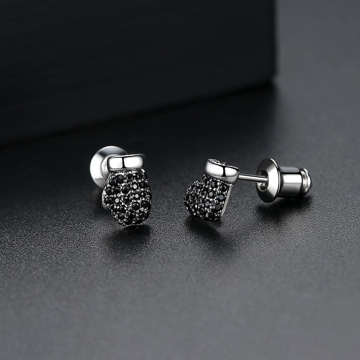 Black Cubic Zirconia and Silver-Plated Mitten and Stocking Stud Earrings, silver stud earrings for women, front view