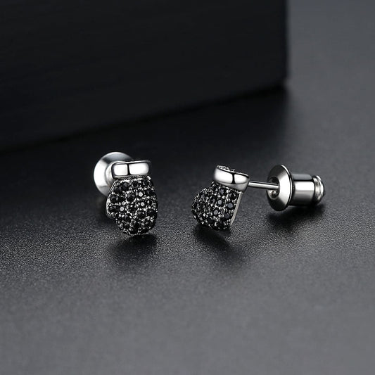 Black Cubic Zirconia and Silver-Plated Mitten and Stocking Stud Earrings, silver stud earrings for women, front view