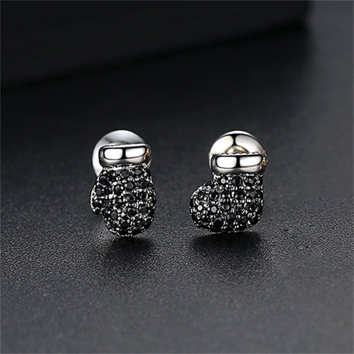 Black Cubic Zirconia & Silver-Plated Mitten & Stocking Stud Earrings