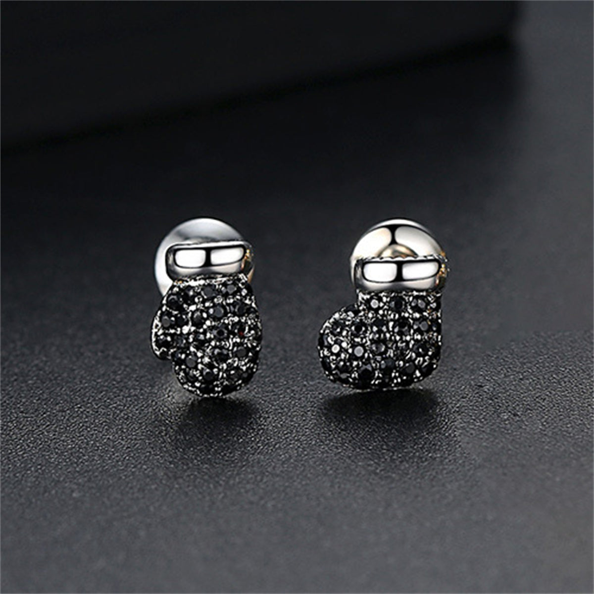 Black Cubic Zirconia and Silver-Plated Mitten and Stocking Stud Earrings, silver stud earrings for women, side view