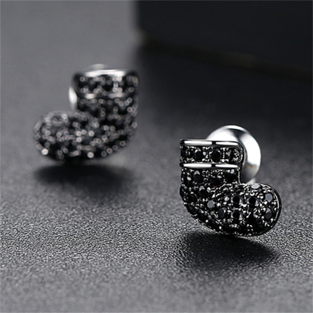 Black Cubic Zirconia and Silver-Plated Stocking Stud Earrings, silver stud earrings for women, botanical inspired, front view