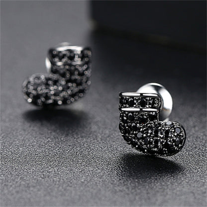 Black Cubic Zirconia and Silver-Plated Stocking Stud Earrings, silver stud earrings for women, botanical inspired, front view