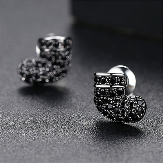 Black Cubic Zirconia and Silver-Plated Stocking Stud Earrings, silver stud earrings for women, botanical inspired, front view