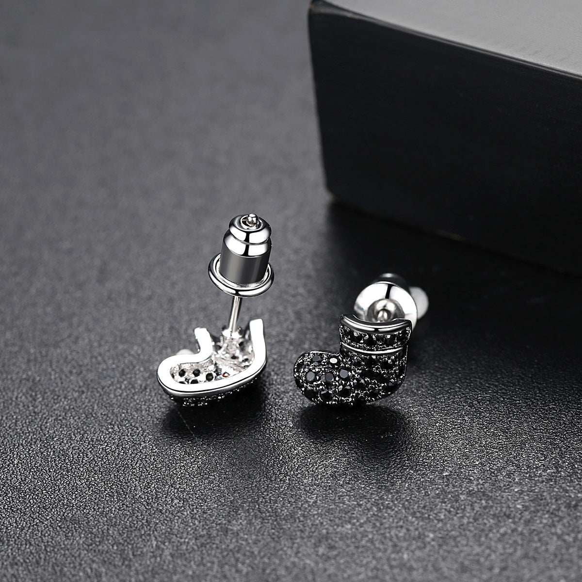 Black Cubic Zirconia and Silver-Plated Stocking Stud Earrings, silver stud earrings for women, botanical inspired, side view