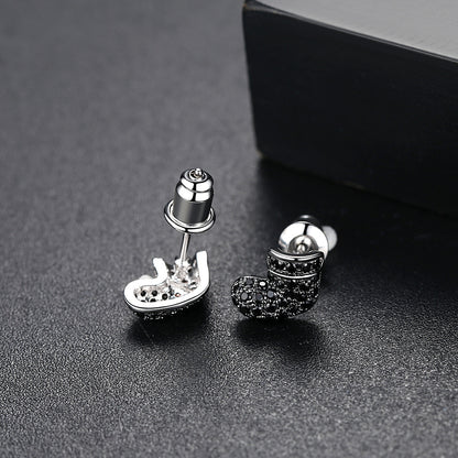 Black Cubic Zirconia and Silver-Plated Stocking Stud Earrings, silver stud earrings for women, botanical inspired, side view