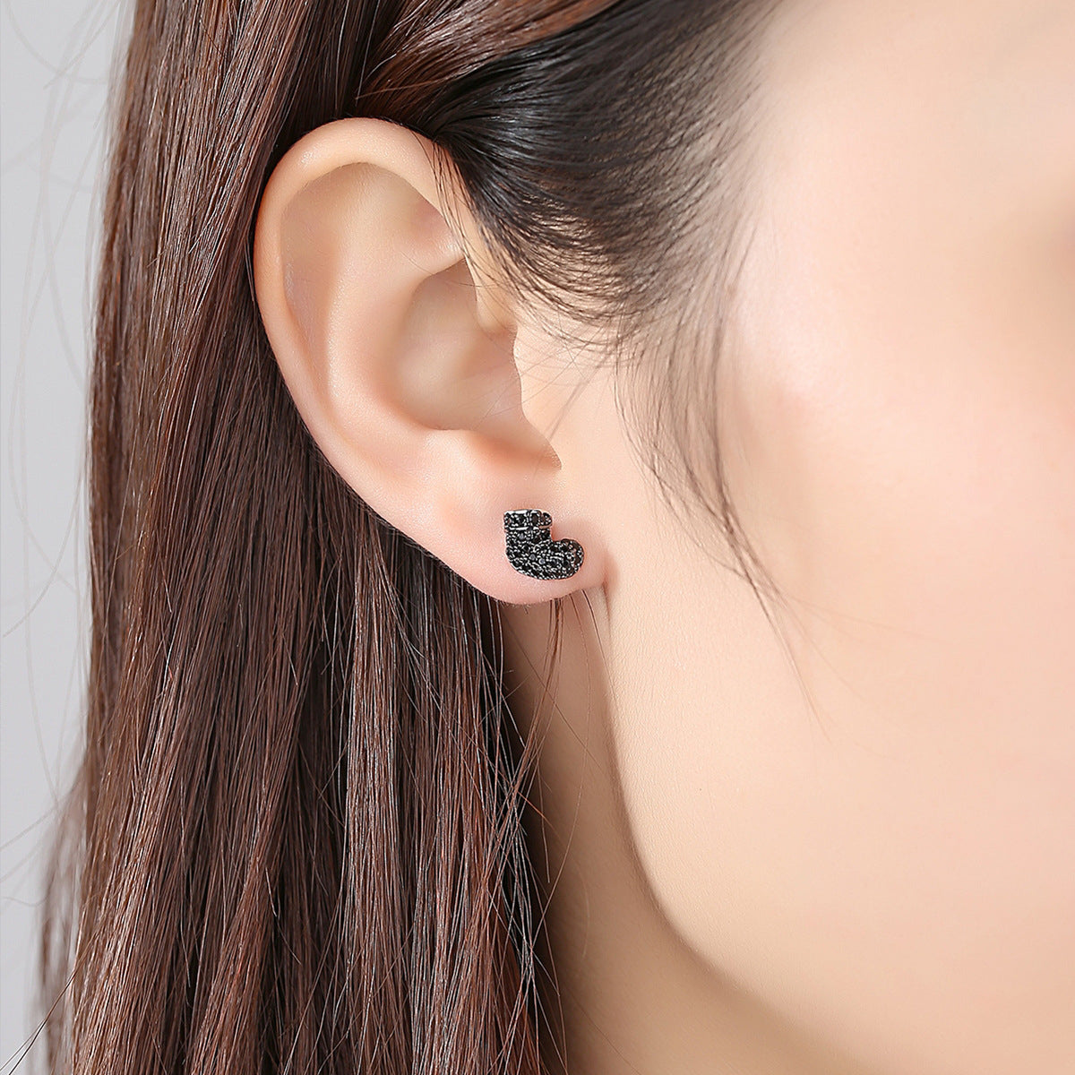 Black Cubic Zirconia and Silver-Plated Stocking Stud Earrings, silver stud earrings for women, detail close-up