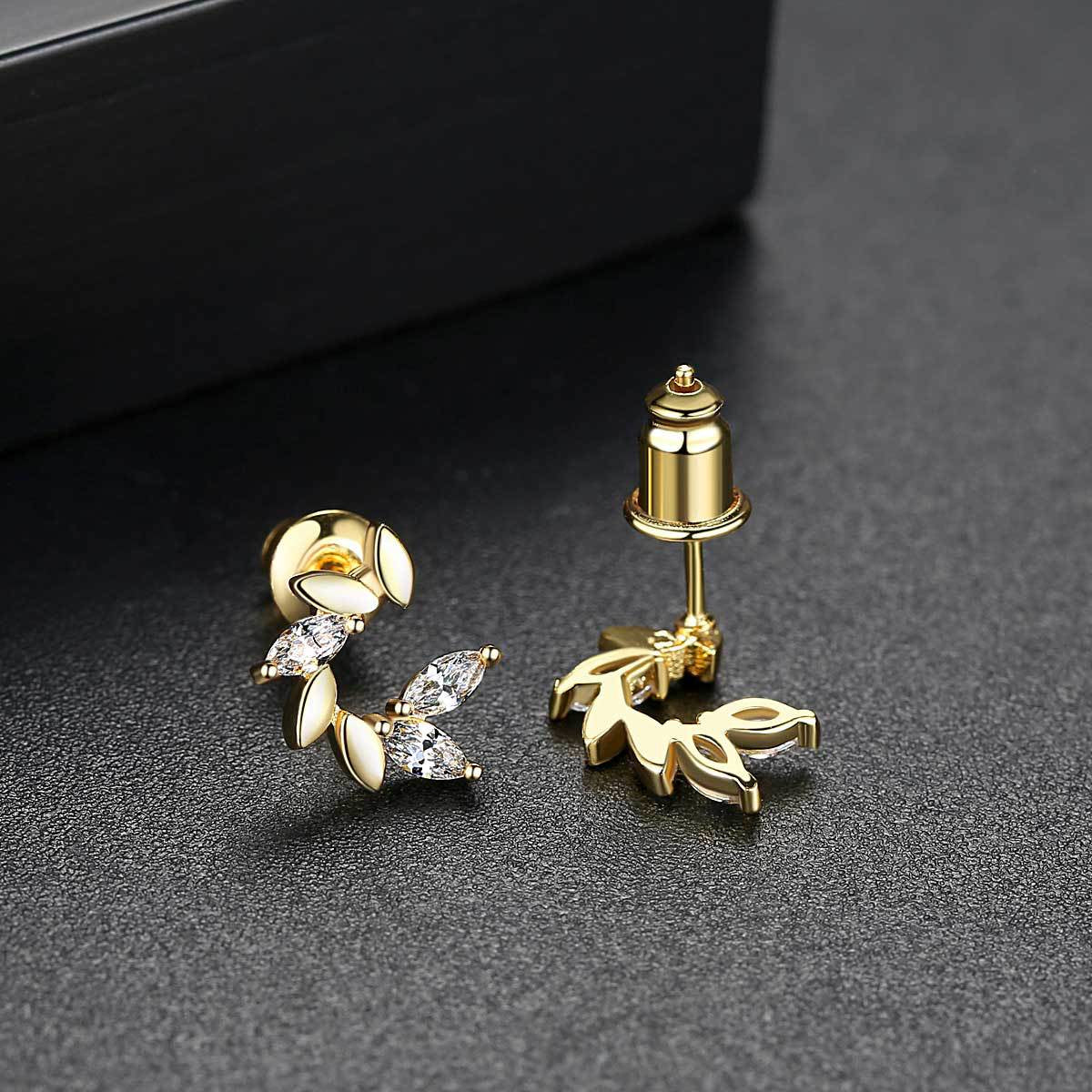 Crystal and 18K Gold-Plated Botanical Stud Earrings, gold stud earrings for women, vintage-inspired design, detail close-up
