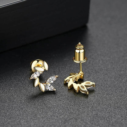 Crystal and 18K Gold-Plated Botanical Stud Earrings, gold stud earrings for women, vintage-inspired design, detail close-up