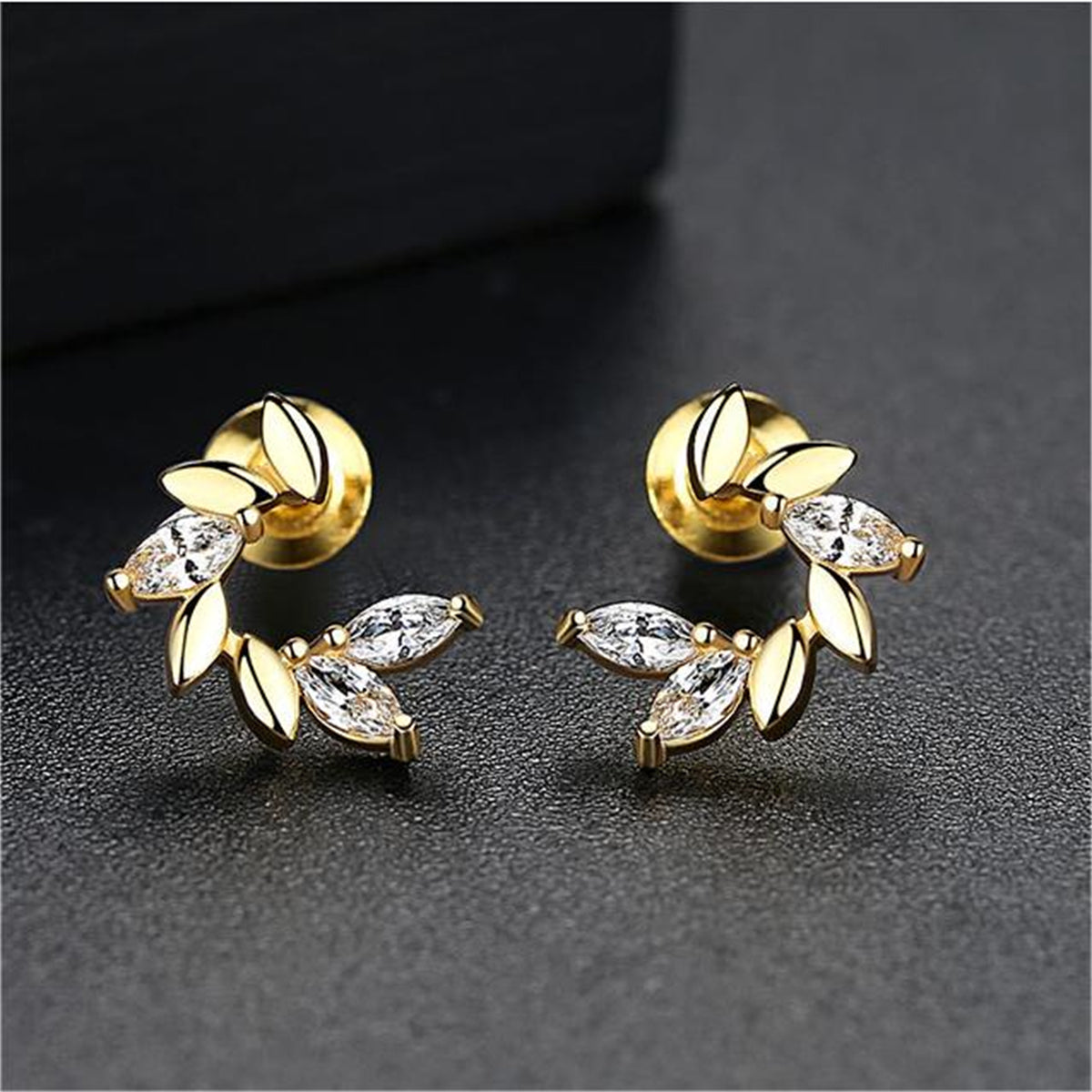 Crystal and 18K Gold-Plated Botanical Stud Earrings, gold stud earrings for women, vintage-inspired design, front view