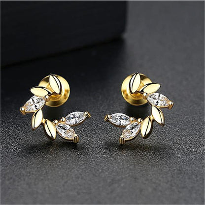 Crystal and 18K Gold-Plated Botanical Stud Earrings, gold stud earrings for women, vintage-inspired design, front view