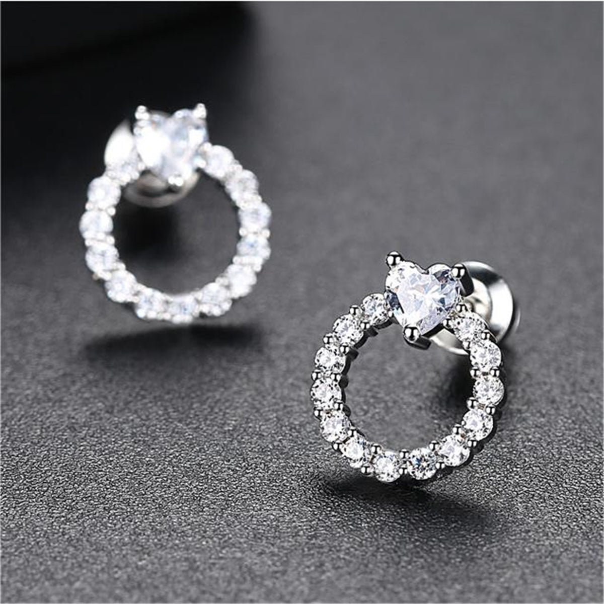 Cubic Zirconia and Crystal Heart Circle Stud Earrings, stud earrings for women, dainty minimalist design, front view