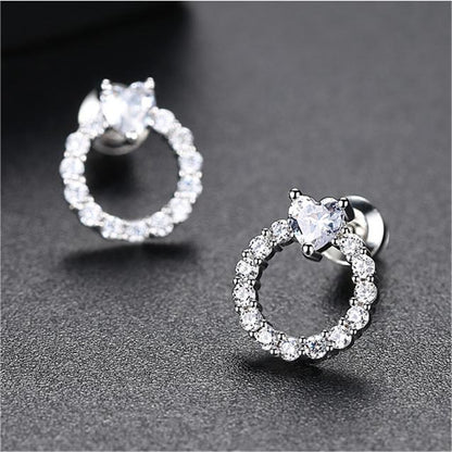 Cubic Zirconia and Crystal Heart Circle Stud Earrings, stud earrings for women, dainty minimalist design, front view
