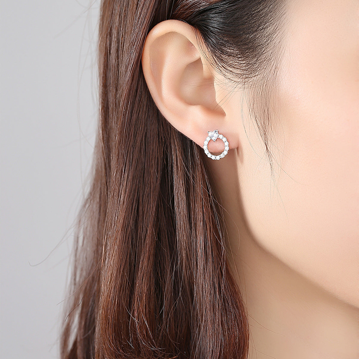 Cubic Zirconia and Crystal Heart Circle Stud Earrings, stud earrings for women, dainty minimalist design, side view