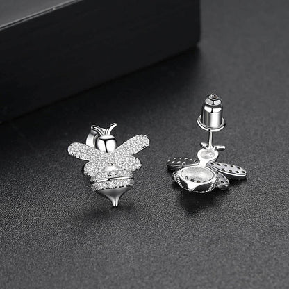 Clear Cubic Zirconia and Silver-Plated Bee Stud Earrings, silver stud earrings for women, botanical inspired, front view