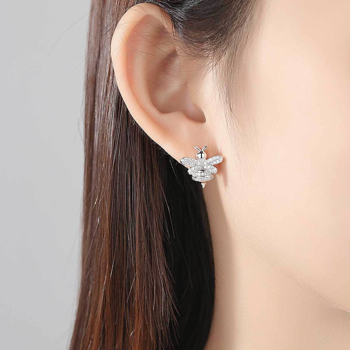 Clear Cubic Zirconia and Silver-Plated Bee Stud Earrings, silver stud earrings for women, botanical inspired, detail close-up