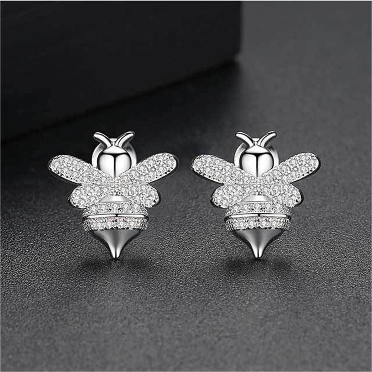 Clear Cubic Zirconia and Silver-Plated Bee Stud Earrings, silver stud earrings for women, botanical inspired, side view