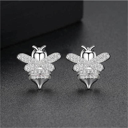 Clear Cubic Zirconia and Silver-Plated Bee Stud Earrings, silver stud earrings for women, botanical inspired, side view