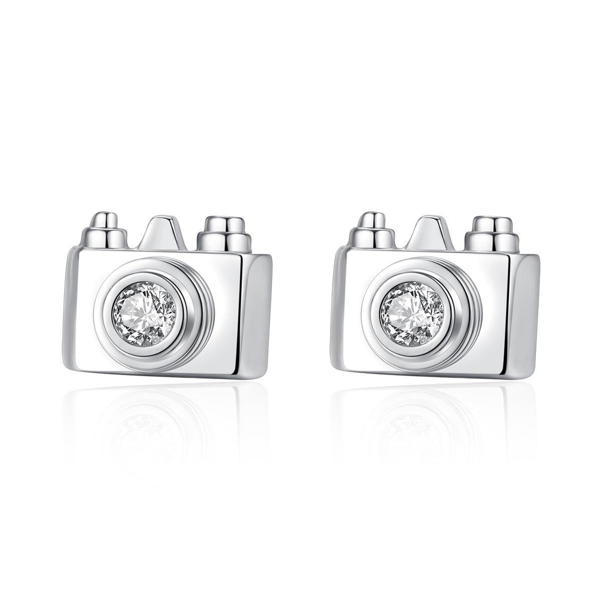 Cubic Zirconia and Silver-Plated Camera Stud Earrings, silver stud earrings for women, elegant gift for her, side view
