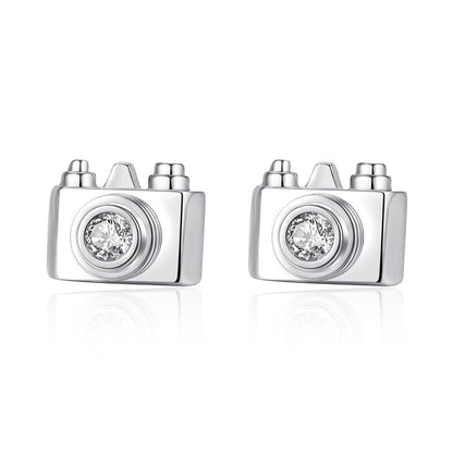 Cubic Zirconia and Silver-Plated Camera Stud Earrings, silver stud earrings for women, elegant gift for her, side view
