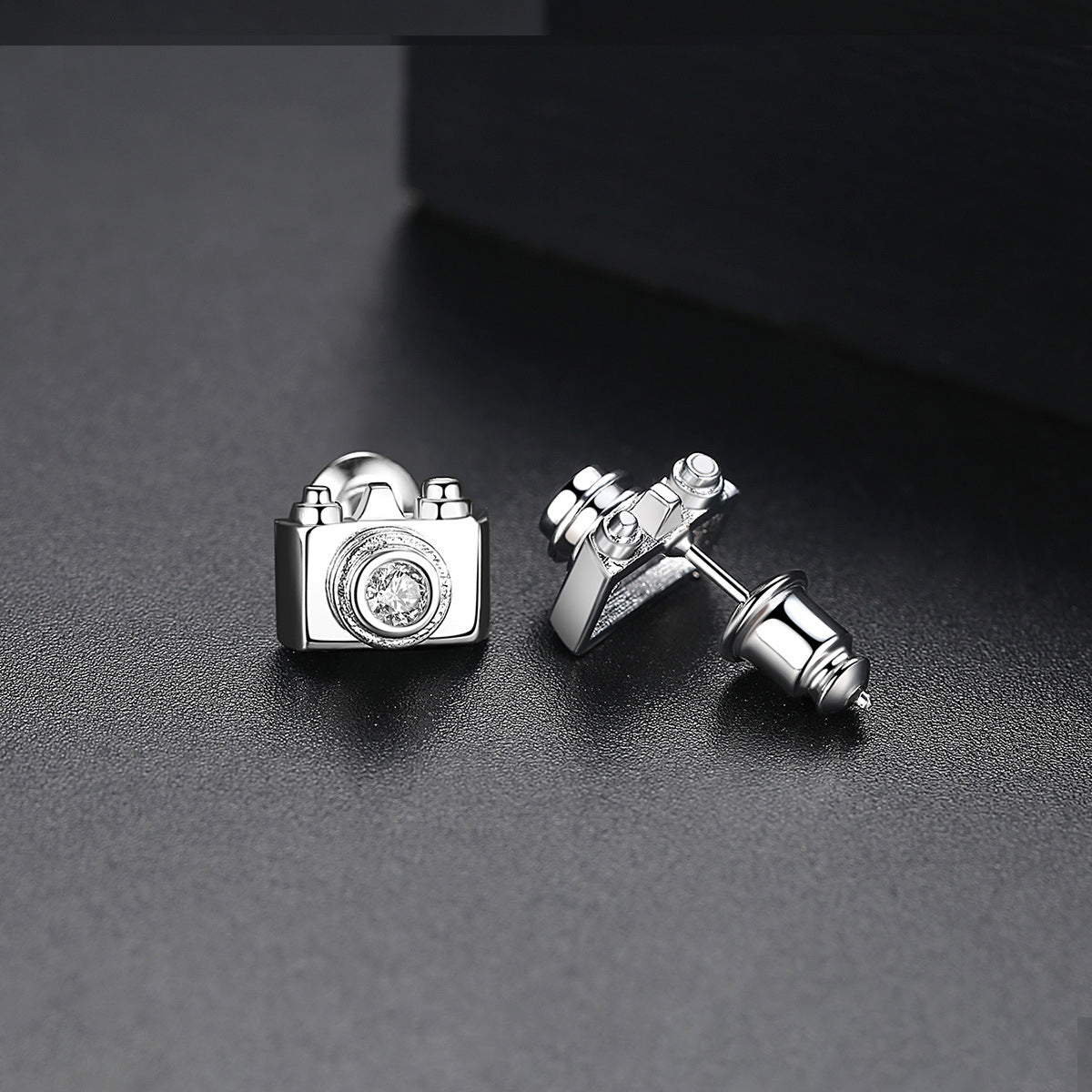 Cubic Zirconia and Silver-Plated Camera Stud Earrings, silver stud earrings for women, elegant gift for her, detail close-up