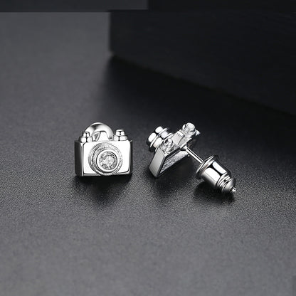 Cubic Zirconia and Silver-Plated Camera Stud Earrings, silver stud earrings for women, elegant gift for her, detail close-up