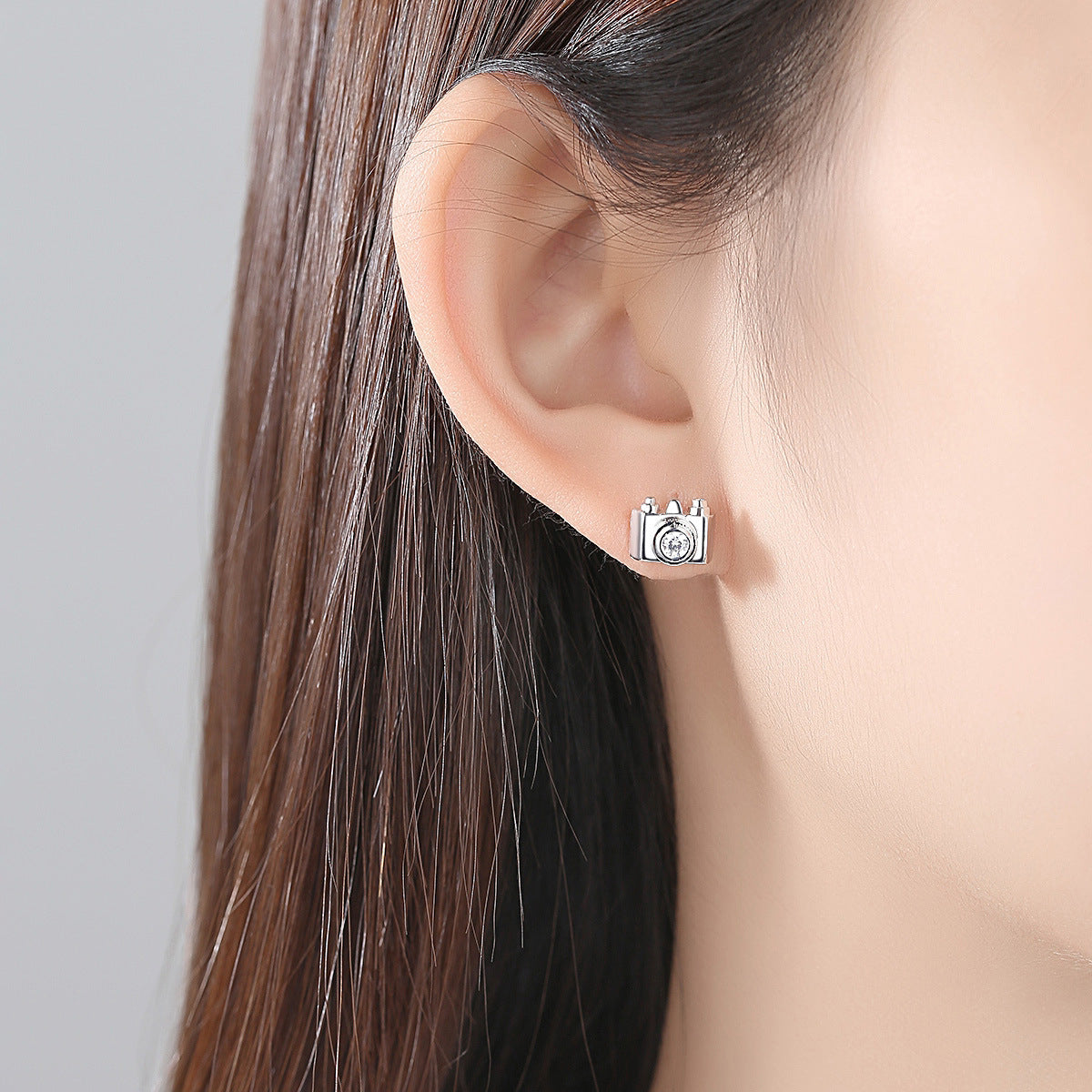 Cubic Zirconia and Silver-Plated Camera Stud Earrings, silver stud earrings for women, elegant gift for her, lifestyle look