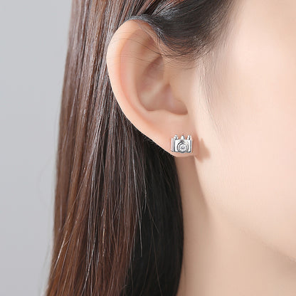Cubic Zirconia and Silver-Plated Camera Stud Earrings, silver stud earrings for women, elegant gift for her, lifestyle look