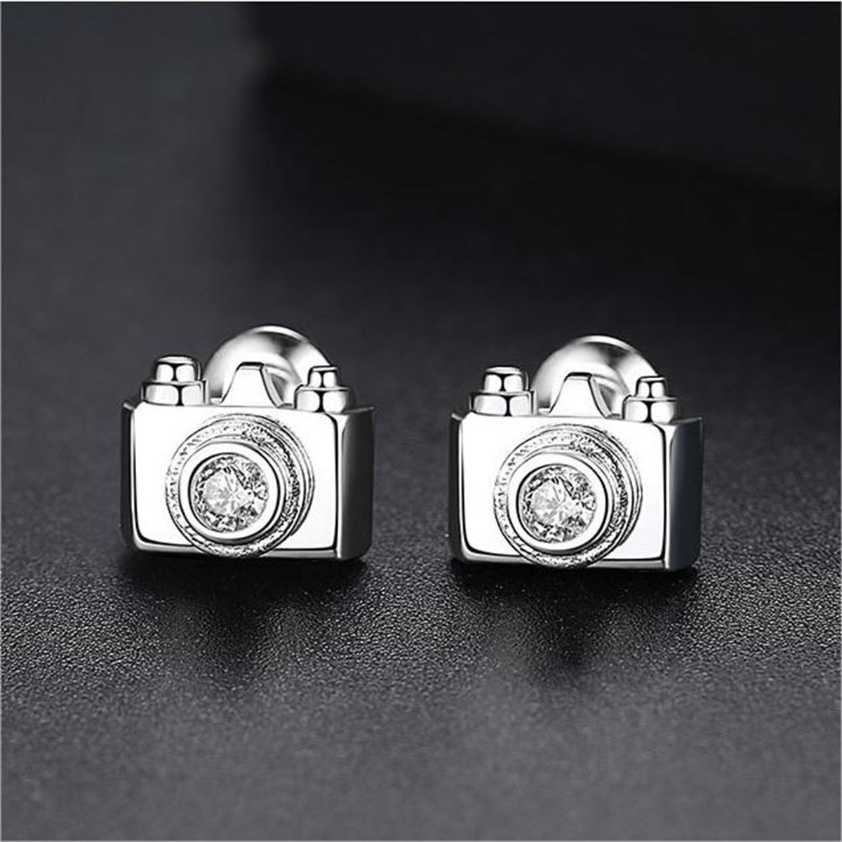 Cubic Zirconia and Silver-Plated Camera Stud Earrings, silver stud earrings for women, elegant gift for her, front view