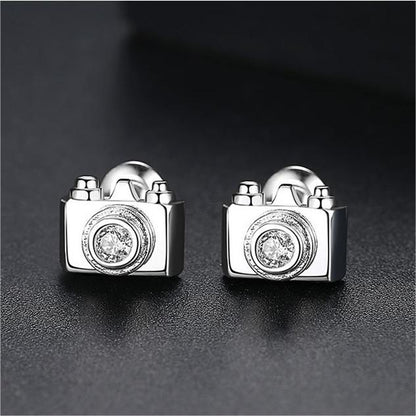 Cubic Zirconia and Silver-Plated Camera Stud Earrings, silver stud earrings for women, elegant gift for her, front view