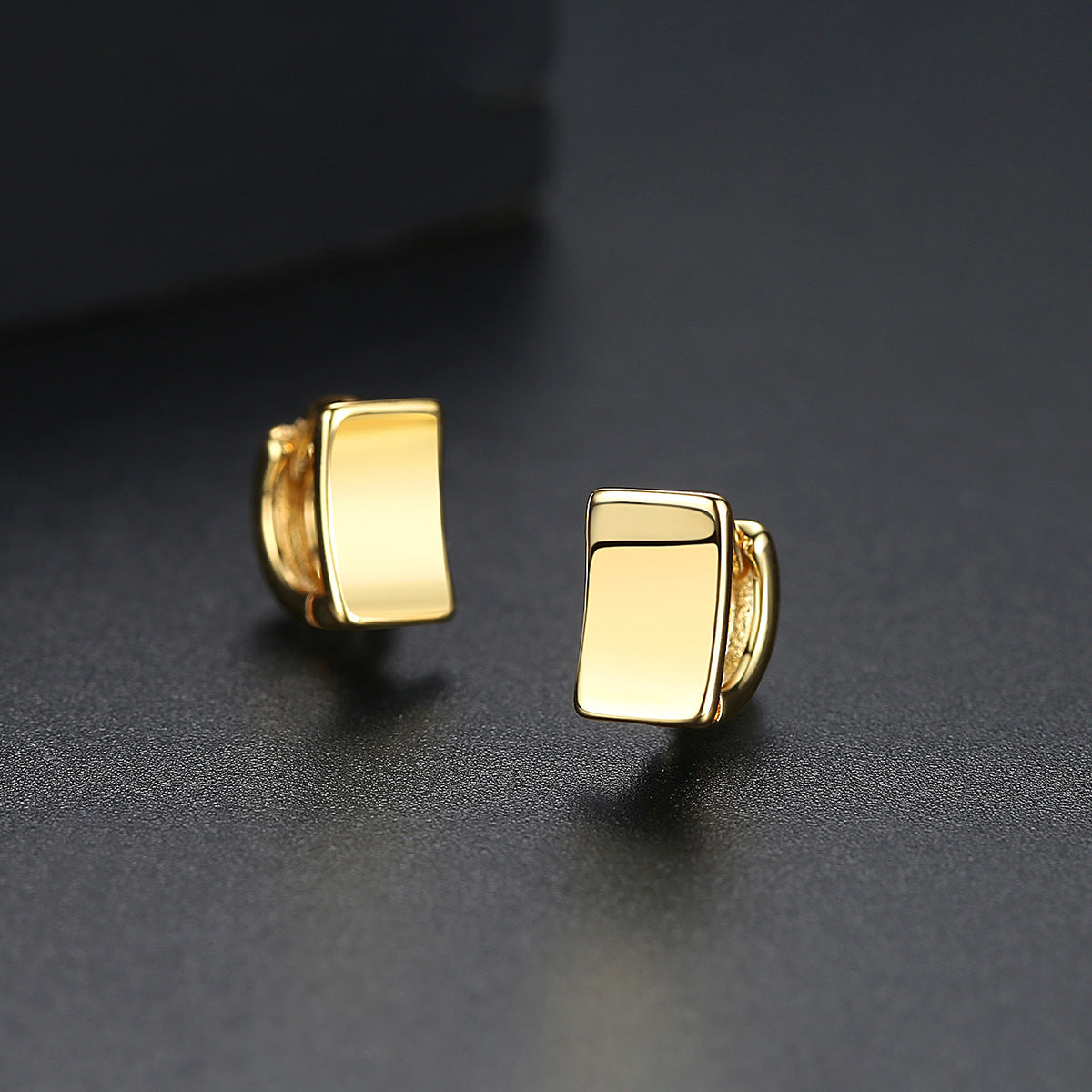 18K Gold-Plated Curved Rectangle Huggie Earrings, gold huggie earrings, botanical inspired, front view