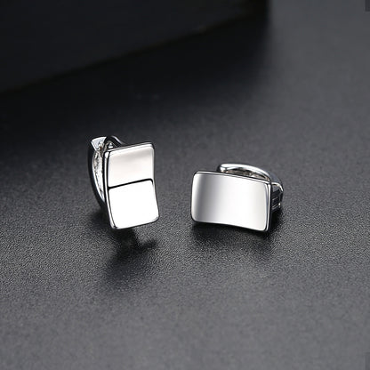 Silver-Plated Curved Rectangle Face Huggie Earrings, silver huggie earrings, botanical inspired, side view