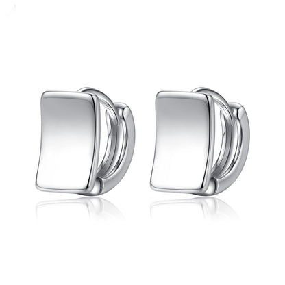 Silver-Plated Curved Rectangle Face Huggie Earrings, silver huggie earrings, botanical inspired, detail close-up