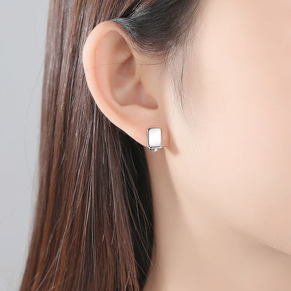 Silver-Plated Curved Rectangle Face Huggie Earrings, silver huggie earrings, botanical inspired, lifestyle look